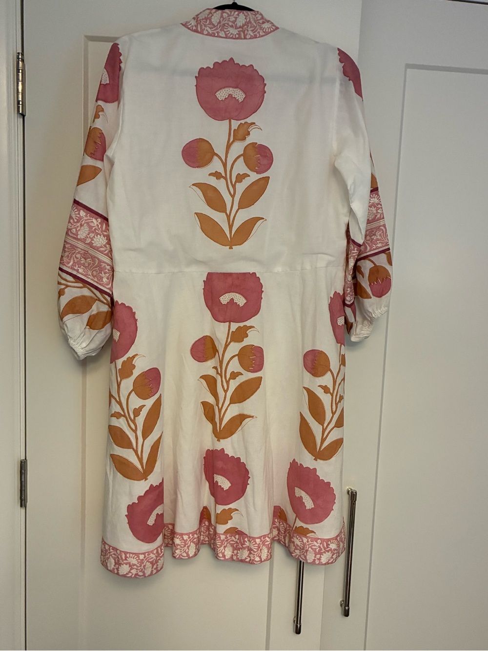 Anthropologie White Tunic Dress with Pink Floral and Tan Accents - Picture 8 of 9